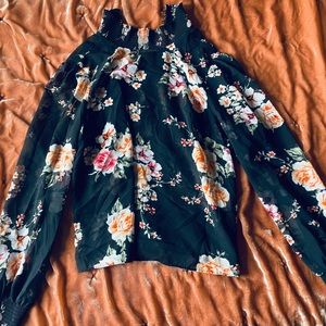 Bar III floral sheer blouse with buttons on neck and cuffed sleeves size XS